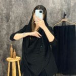 فروشگاه شال و روسری فران لند مشکی پلیسه مربعی منگوله دار