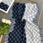 فروشگاه شال و روسری فران لند نخی منگوله دار طرحدار گوچی سفید مشکی تابستانه