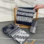 فروشگاه شال و روسری فران لند نخی منگوله دار طرحدار سفید مشکی تابستانه