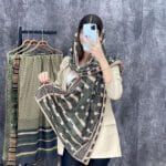 شال پاییزه زمستانه موهر مخمل کرم سبز نخی طرحدار فران لند فرانلند