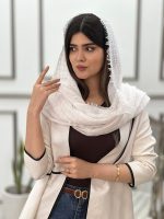 کالکشن شال سفید ابری دور مروارید لمه حصیری رشت فرانلند