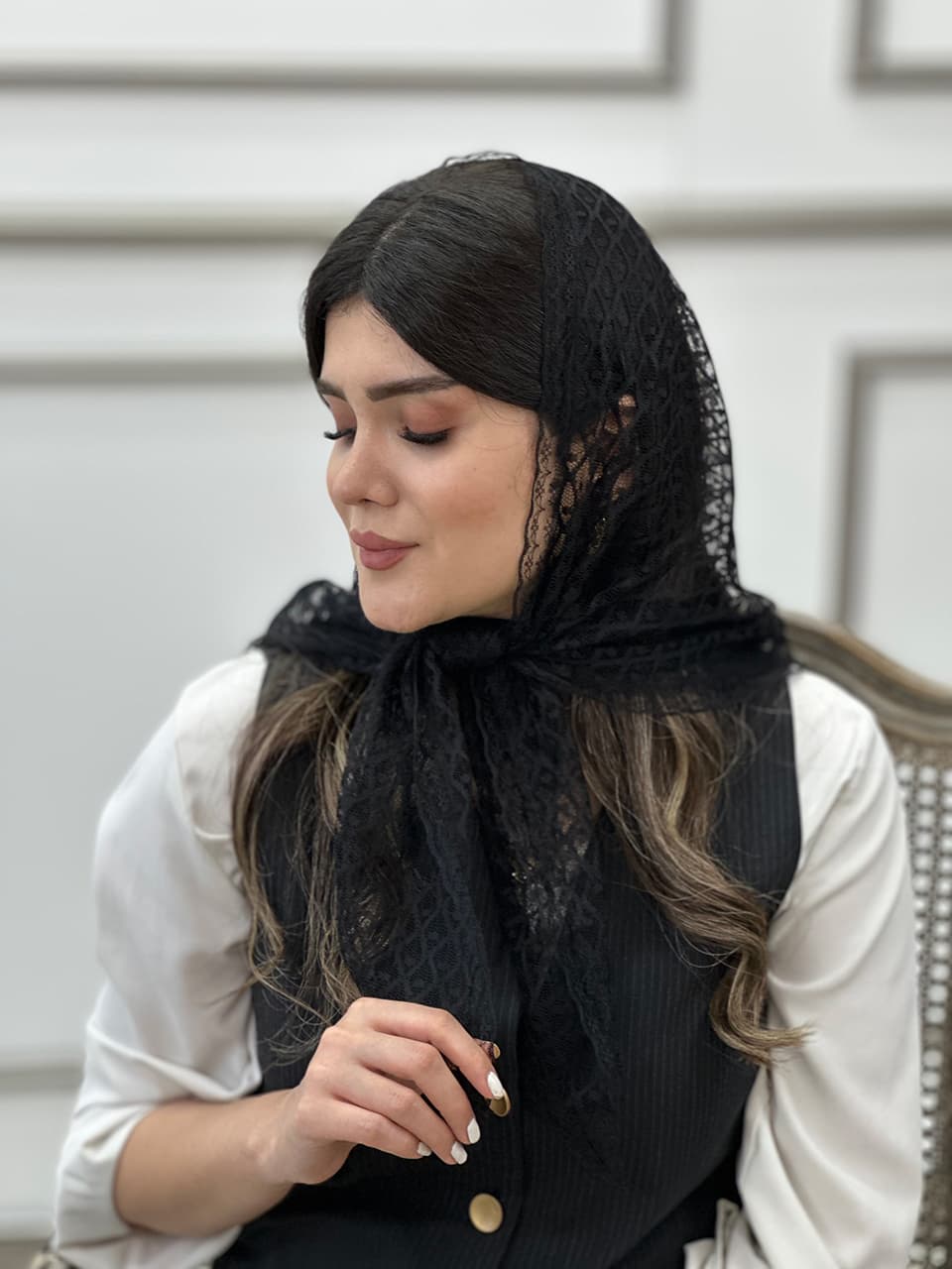 روسری سه گوش توری دور دانتل مشکی شال و روسری فران لند