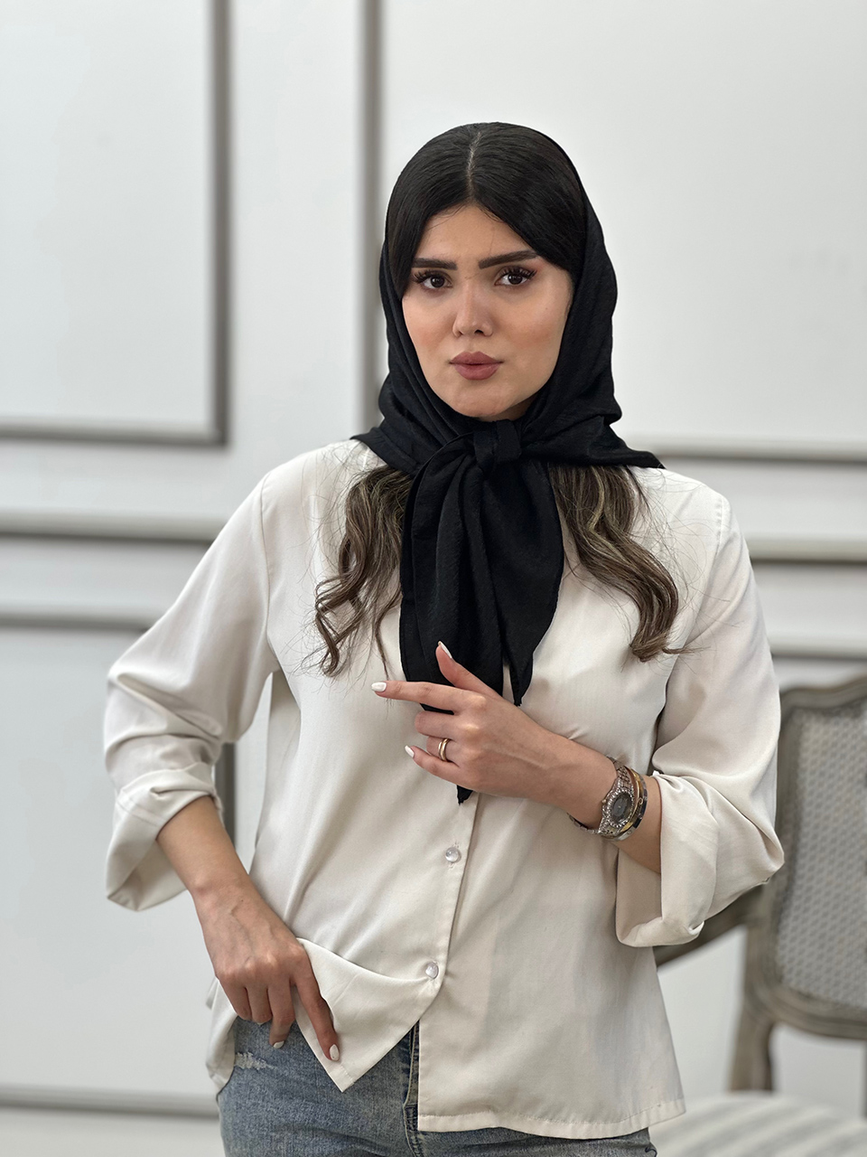 روسری کوپرا مشکی قواره100 دور دوخت شال و روسری فرانلند