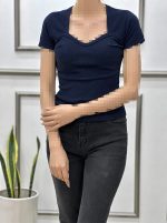 تیشرت نخ پنبه آستین کوتاه یقه دلبری (2061)